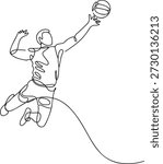 Continuous one line drawing of volleyball player jumping to spike ball. Athlete in dynamic action. Professional sportsman. Sport game. Competition. Energy. Agility. Physical activity. Black outline on transparent background.
