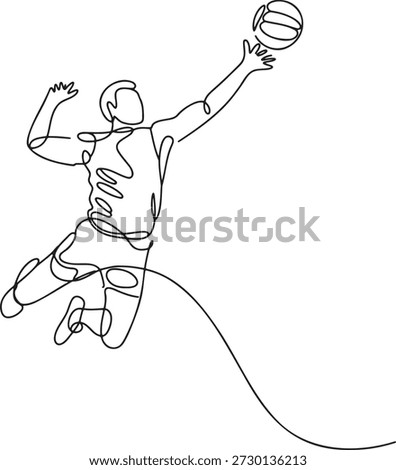 Continuous one line drawing of volleyball player jumping to spike ball. Athlete in dynamic action. Professional sportsman. Sport game. Competition. Energy. Agility. Physical activity. Black outline on transparent background.