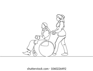 Continuous one line drawing. Volunteer pushing wheelchair with disabled old man. Helping elderly and sick people. Vector illustration total editable, choose thickness and place of line