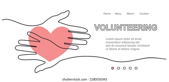 Continuous one line drawing of volunteering hands with heart.  Illustration with quote template. Can used for logo, emblem, slide show and banner.