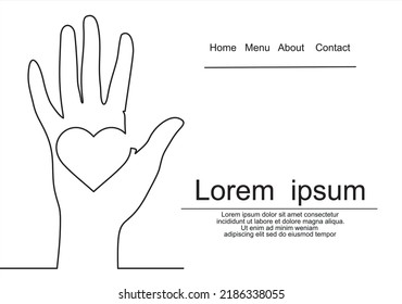 Continuous one line drawing of volunteering hands. Illustration with quote template. Can used for logo, emblem, slide show and banner. Can used for logo, emblem, slide show and banner. Illustration 