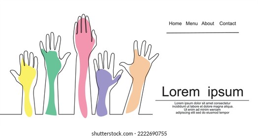 Continuous one line drawing of volunteering hands. Illustration with quote template. Can used for logo, emblem, slide show and banner.
