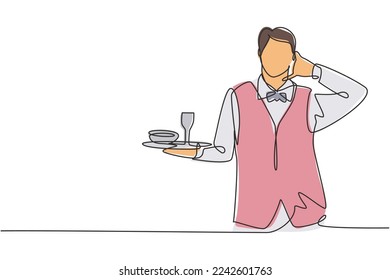 Continuous one line drawing waiter with call me gesture and brought a tray of drinking glasses serving visitors at cafeteria. Success job concept. Single line draw design vector graphic illustration