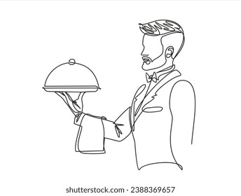 Dibujo continuo de una línea de Waiter sosteniendo la bandeja de comida. Dibujo de una línea. El concepto de trabajador de restaurantes. Diseño de la comida a la carta. Vector