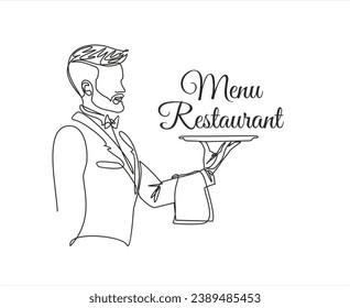 Continuous one line drawing of Waiter holding food tray with Restaurant menu. One line drawing. Restaurant menu concept. Menu food design. Vector	