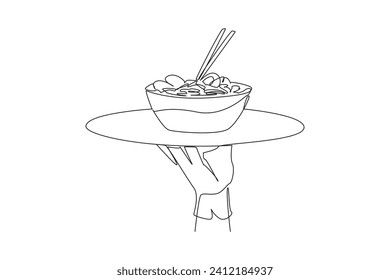 Continuous one line drawing waiter holding food tray serving noodles. Food with several toppings. Eggs, meat, vegetables. Delicious. Chopsticks. Thai food. Single line draw design vector illustration