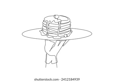 Continuous one line drawing waiter holds a food tray serving pancakes. Traditional Eastern European food. Sweet taste. Stacked cakes. Delicious. Enjoyment. Single line draw design vector illustration