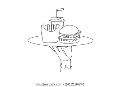 Continuous one line drawing waiter holds food tray serving french fries soft drinks and burger. Fast food. It is not good for body if consumed too often. Single line draw design vector illustration