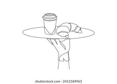 Continuous one line drawing the waiter holds a food tray serving croissants and paper coffee cup. Included in the dry cake category. Typical French pastry. Single line draw design vector illustration