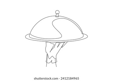 Eine durchgehende Linie, die den Kellner zeichnet, hält ein mit einem Deckel bedecktes Futter bereit. Service in einem Restaurant. Futter sauber und hygienisch aufbewahren. Standardserie. Vektorgrafik-Design für einzelne Linien