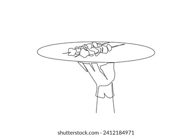 Continuous one line drawing the waiter holds food tray serving kebabs. Traditional Turkish food. Generally use lamb. Grilled meat. Beef. Delicious. Skewer. Single line draw design vector illustration