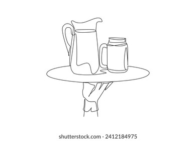 Continuous one line drawing the waiter holds food tray serving glass of lemonade and pitcher. More delicious to enjoy in summer. Refreshing drink. Healthy. Single line draw design vector illustration