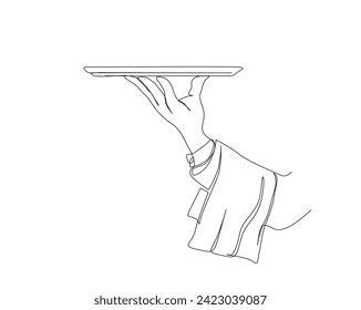 Continuous one line drawing of waiter hand holding tray. Hand holding tray single outline vector illustration. Editable stroke.