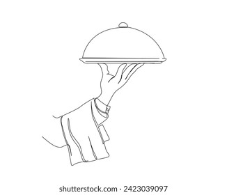 Continuous one line drawing of waiter hand holding tray. Hand holding tray single outline vector illustration. Editable stroke.
