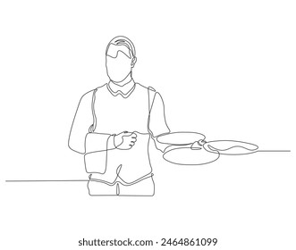 Dibujo continuo de una línea de mesero sosteniendo la bandeja. Ilustración de dibujo de una línea de camarero trabajando. Restaurante bar y café trabajador concepto arte de línea continua. Esquema editable.