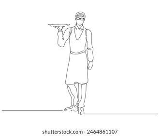 Continuous one line drawing of waiter holding tray. One line drawing illustration of waiter working. Restaurant bar and cafe worker concept continuous line art. Editable outline.