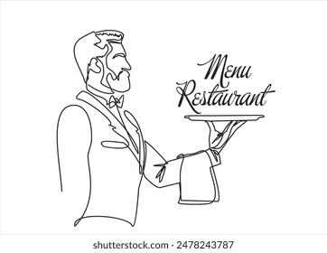 Dibujo continuo de una línea del camarero sosteniendo la bandeja de comida con el menú del restaurante. Dibujo de una línea. Concepto de menú de restaurante. Menú de diseño de alimentos. Vector	
