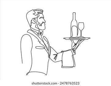 Dibujo continuo de una línea de Camarero sosteniendo la bandeja de alimentos con una botella y un vaso. Menú de bebidas. Dibujo de una línea. Concepto de menú de restaurante. Menú de diseño de bebidas. Botella de champán con una copa de vino