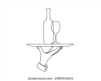 Dibujo continuo de una línea de Camarero sosteniendo la bandeja de alimentos con una botella y un vaso. Menú de bebidas. Dibujo de una línea. Concepto de menú de restaurante. Menú de diseño de bebidas. Botella de champán con una copa de vino	