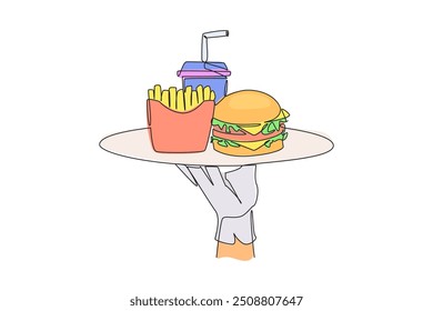 Continuous one line drawing waiter holds food tray serving french fries soft drinks and burger. Fast food. It is not good for body if consumed too often. Single line draw design vector illustration