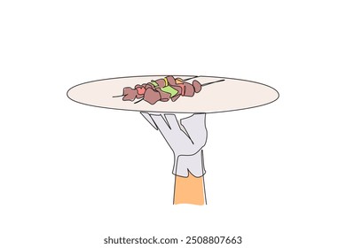 Uma linha contínua desenhando o garçom segura a bandeja de comida servindo kebabs. Comida tradicional turca. Geralmente usar cordeiro. Carne grelhada. Carne de bovino. Delicioso. Skewer! Ilustração de vetor de design de desenho de linha única