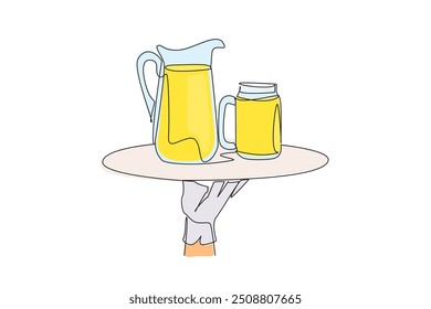 Continuous one line drawing the waiter holds food tray serving glass of lemonade and pitcher. More delicious to enjoy in summer. Refreshing drink. Healthy. Single line draw design vector illustration