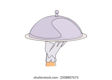 Continuous one line drawing the waiter holds a food tray covered by a tray lid. Service in a restaurant. Keep food clean and hygienic. Standard serving. Single line draw design vector illustration