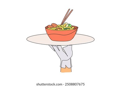 Continuous one line drawing waiter holding food tray serving noodles. Food with several toppings. Eggs, meat, vegetables. Delicious. Chopsticks. Thai food. Single line draw design vector illustration