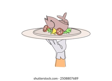 Continuous one line drawing the waiter holds a food tray serving baked fish. Served with lemon and various spices. Contains good fats. Can help lose weight. Single line draw design vector illustration