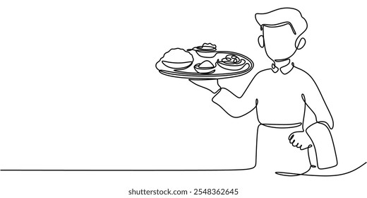 Continuous one line drawing of a waiter bringing a tray of food, perfect for food and drink illustrations.