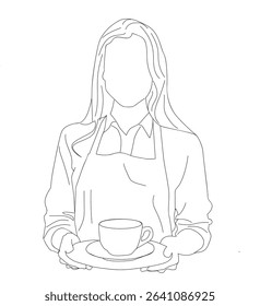  Continuous one line drawing the waiter brings coffee. Young caucasian waitress holding a coffee