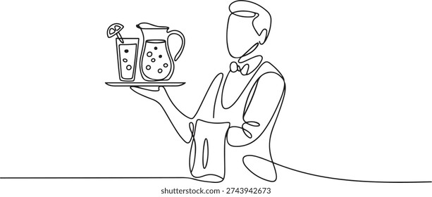 Continuous one line drawing the waiter holds food tray serving glass of lemonade and pitcher. More delicious to enjoy in summer. Refreshing drink. Healthy. one line Icon drawing
