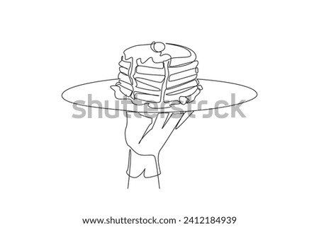 Continuous one line drawing waiter holds a food tray serving pancakes. Traditional Eastern European food. Sweet taste. Stacked cakes. Delicious. Enjoyment. Single line draw design vector illustration