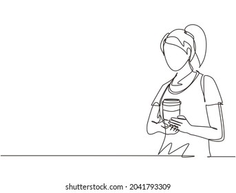 Continuous one line drawing waitress holding and serving paper cup of hot coffee in cafe. Beautiful young woman showing hot drink in disposable paper cup. Single line draw design vector illustration