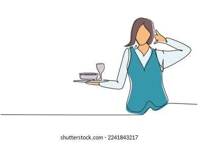Continuous one line drawing waitress with call me gesture and brought a tray of drinking glasses serving visitors at cafeteria. Professional job. Single line draw design vector graphic illustration