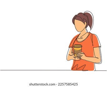 Continuous one line drawing waitress holding and serving paper cup of hot coffee in cafe. Beautiful young woman showing hot drink in disposable paper cup. Single line draw design vector illustration