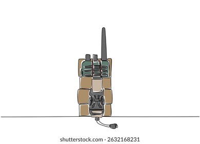 Continuous one line drawing walkie talkie with its place. Communication tools for soldiers on the battlefield. Amateur Radio Military Appreciation Day. Single line draw design vector illustration