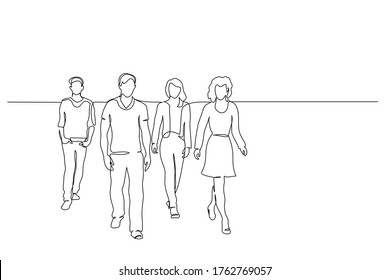 Continuous One Line Drawing. Walking Group Of People. Vector Illustration