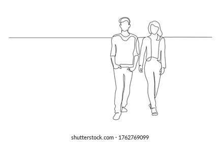 Continuous one line drawing. Walking couple man and woman. Vector illustration