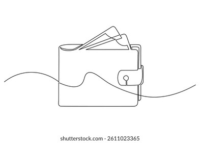 Continuous one line drawing of Wallet with paper money. Single line drawing illustration of Money in wallet. Finance concept vector art. Doodle line illustration.