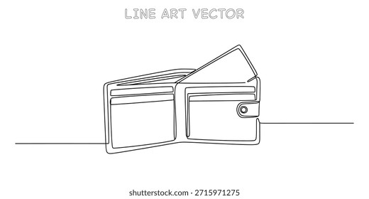 Dibujo continuo de una línea de una billetera con dinero y tarjetas de crédito en el interior. Estilo minimalista moderno para las finanzas, la banca y los conceptos de pago. Símbolo de economía y presupuesto personal. Ilustración vectorial