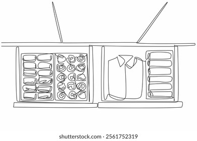 Continuous one line drawing wardrobe drawer opened and inside there are clothes of woman. Very well arranged and organized. Neatness. Get Organized Day. Single line draw design vector illustration