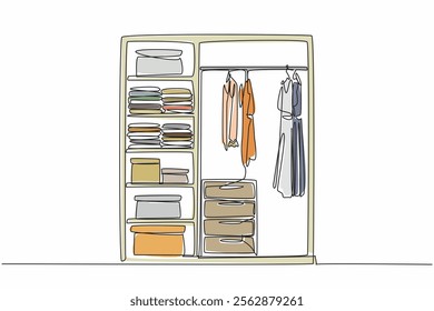 Continuous one line drawing wardrobe with several compartments containing piles of clothes and boxes. Walk in closet in corner of room. Get Organized Day. Single line draw design vector illustration