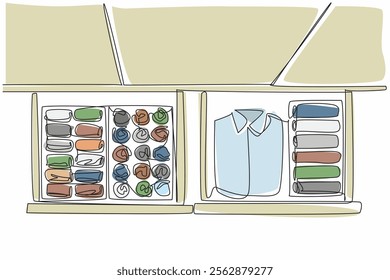 Continuous one line drawing wardrobe drawer opened and inside there are clothes of woman. Very well arranged and organized. Neatness. Get Organized Day. Single line draw design vector illustration