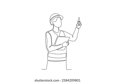 Continuous one line drawing Warehouse employee is looking at the list of goods on paper while pointing. Single line draw design vector graphic illustration
