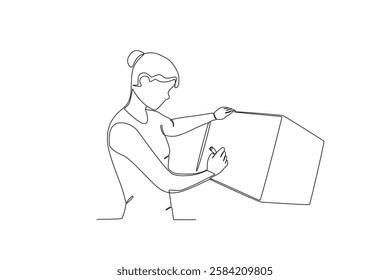 Continuous one line drawing Warehouse employee is writing the customer_s address on the package. Single line draw design vector graphic illustration
