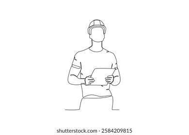 Continuous one line drawing Warehouse employee is looking at the goods. Single line draw design vector graphic illustration
