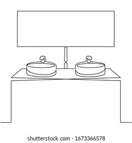 Continuous one line drawing of washbasin cabinet with rectangular mirror. Domestic bathroom Interior. Two round porcelain sink and wooden stand cabinet. Front view and wall mount. Vector Illustration