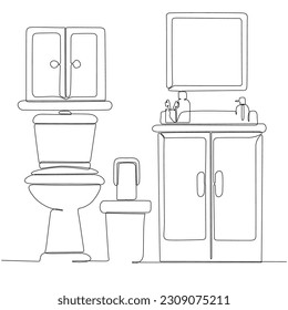 Continuous one line drawing of washbasin cabinet with toilet bowl and hand dryer vector illustration. WC black outline sketch. Public restroom interior isolated on white background.