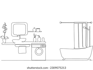 Continuous one line drawing of washbasin cabinet with toilet bowl and hand dryer vector illustration. WC black outline sketch. Public restroom interior isolated on white background.